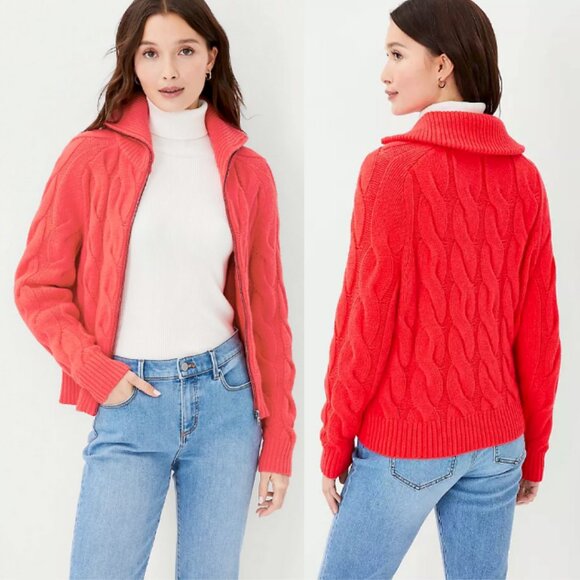 NWT ANN TAYLOR Zip-Up Cable Sweater Jacket Vibrant Red Size L - Picture 1 of 12